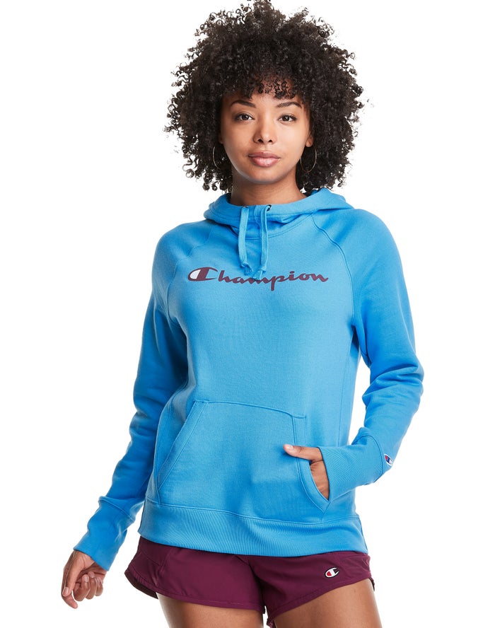 Champion Powerblend Fleece Script Logo Hoodie Dames - Blauw - Belgie 0954QRXAB